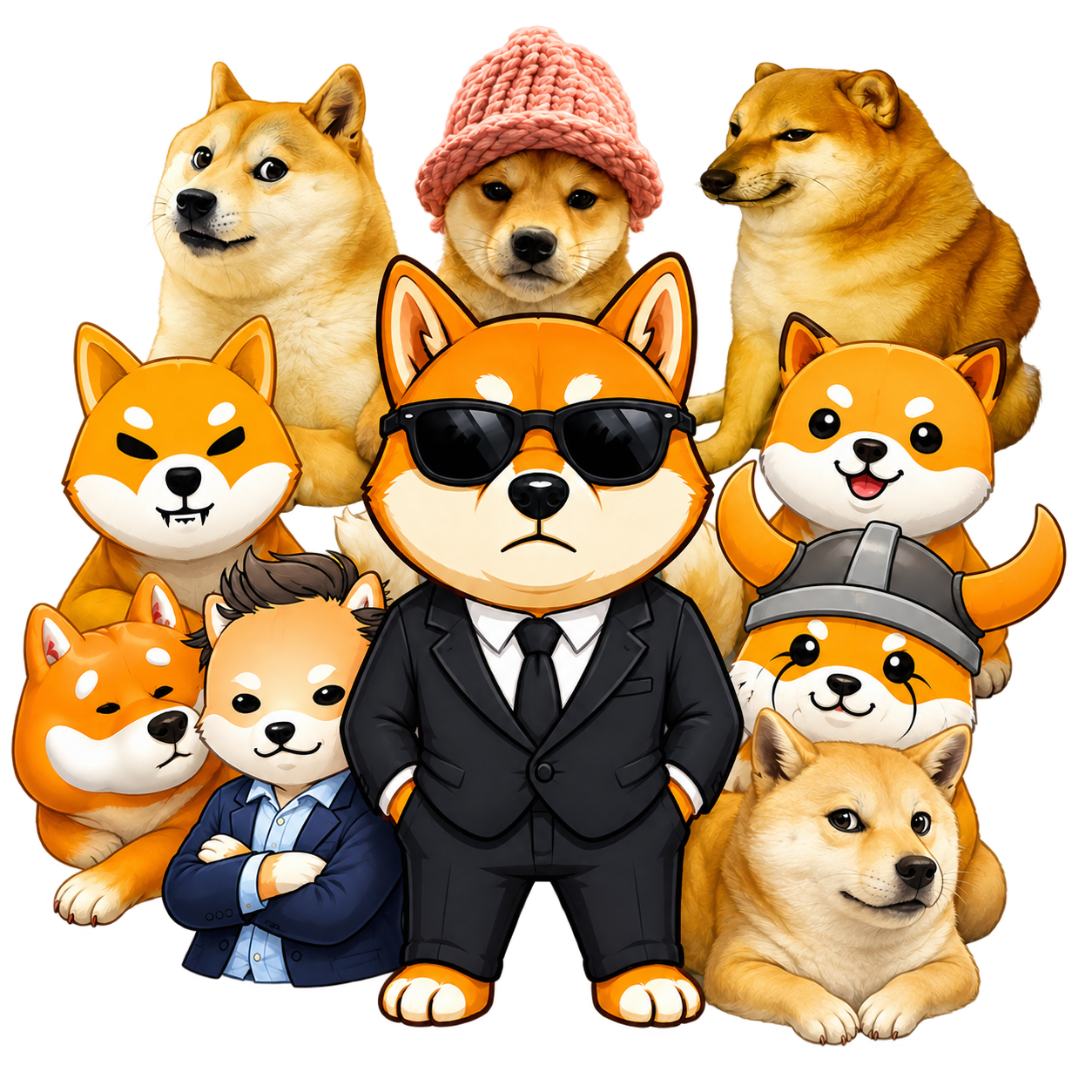 Illustrated group portrait: the NSA agent centered among Doge, Cheems, SHIB, Floki, Bonk, dogwifhat, Baby Doge, Dogelon Mars and Neiro